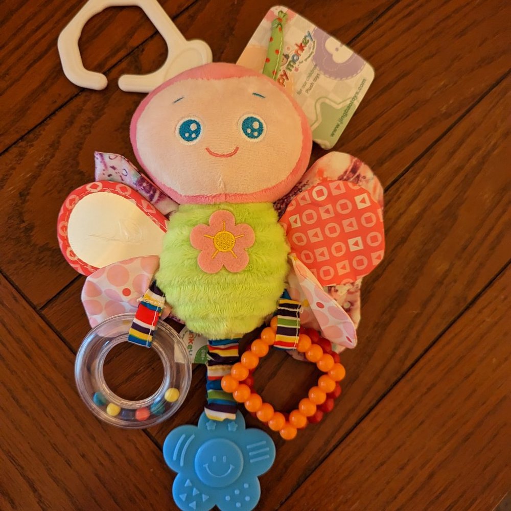 Happy Monkey Plush Butterfly Crib Toy w/Crinkly Wings Teether Mirror Rattle NEW